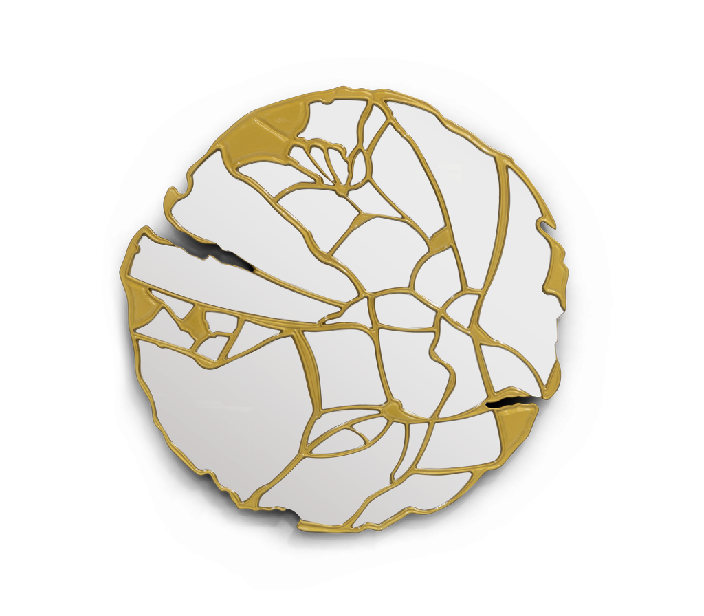 Circular mirror with golden root-like or lightning-shaped design across the surface, on white background- luxury mirrors.