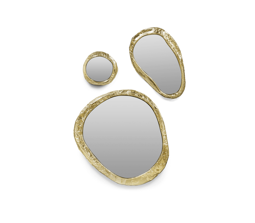 Trio of organic-shaped mirrors with textured embossed gold frames, isolated on white background-luxury mirrors.