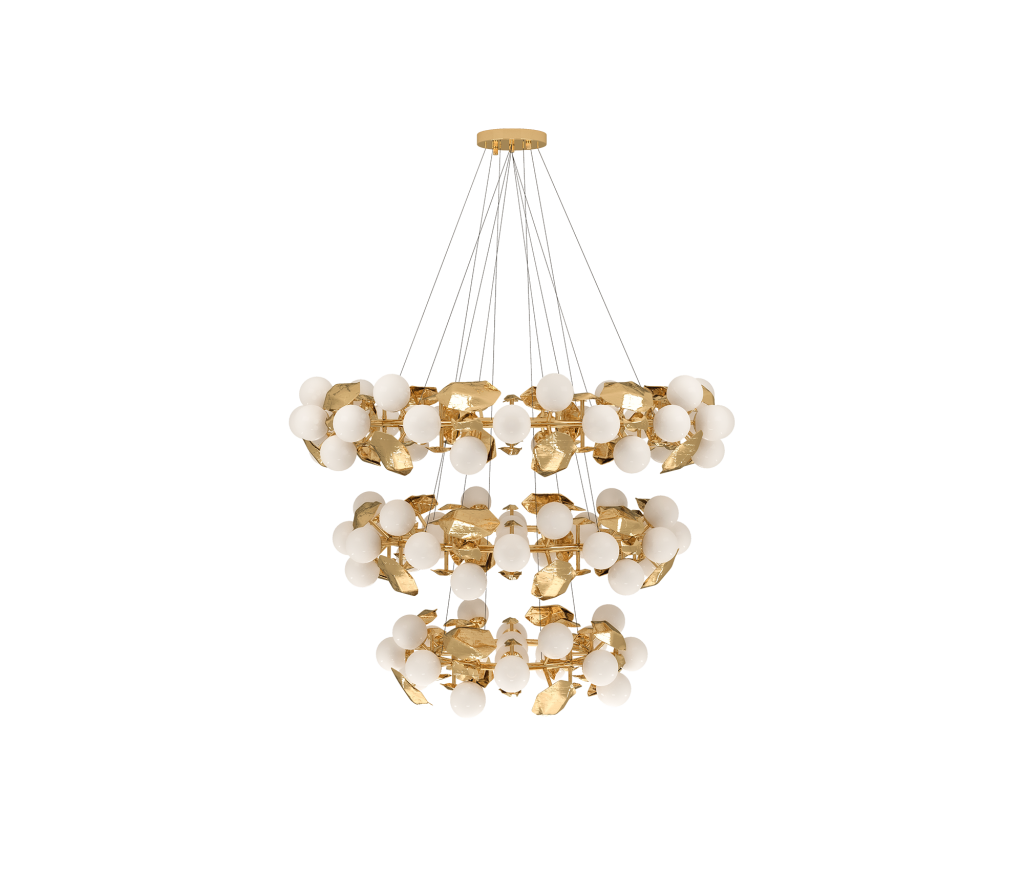 Studio shot of a three-tiered chandelier featuring clusters of opaline glass globes and textured gold leaf accents cascading from a gold ceiling mount, luxury design.