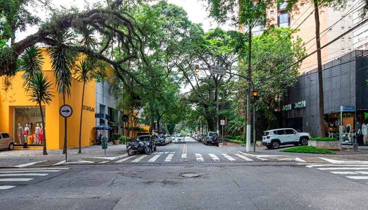 Top real state in São Paulo, Street view of Vila Nova Conceição in São Paulo, featuring luxury residential buildings, tree-lined streets, landscaped sidewalks, and one of the city's most exclusive neighborhoods.