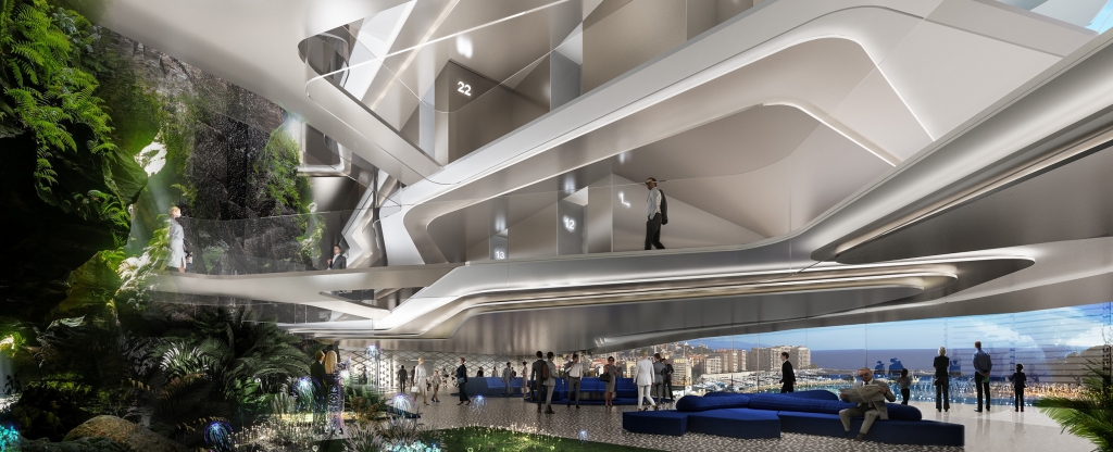 Futuristic architectural rendering of a multi-level lobby atrium with sculptural silver ceiling forms, a lush green rock waterfall wall, navy modular seating, and floor-to-ceiling coastal views. INTERIOR DESIGNERS