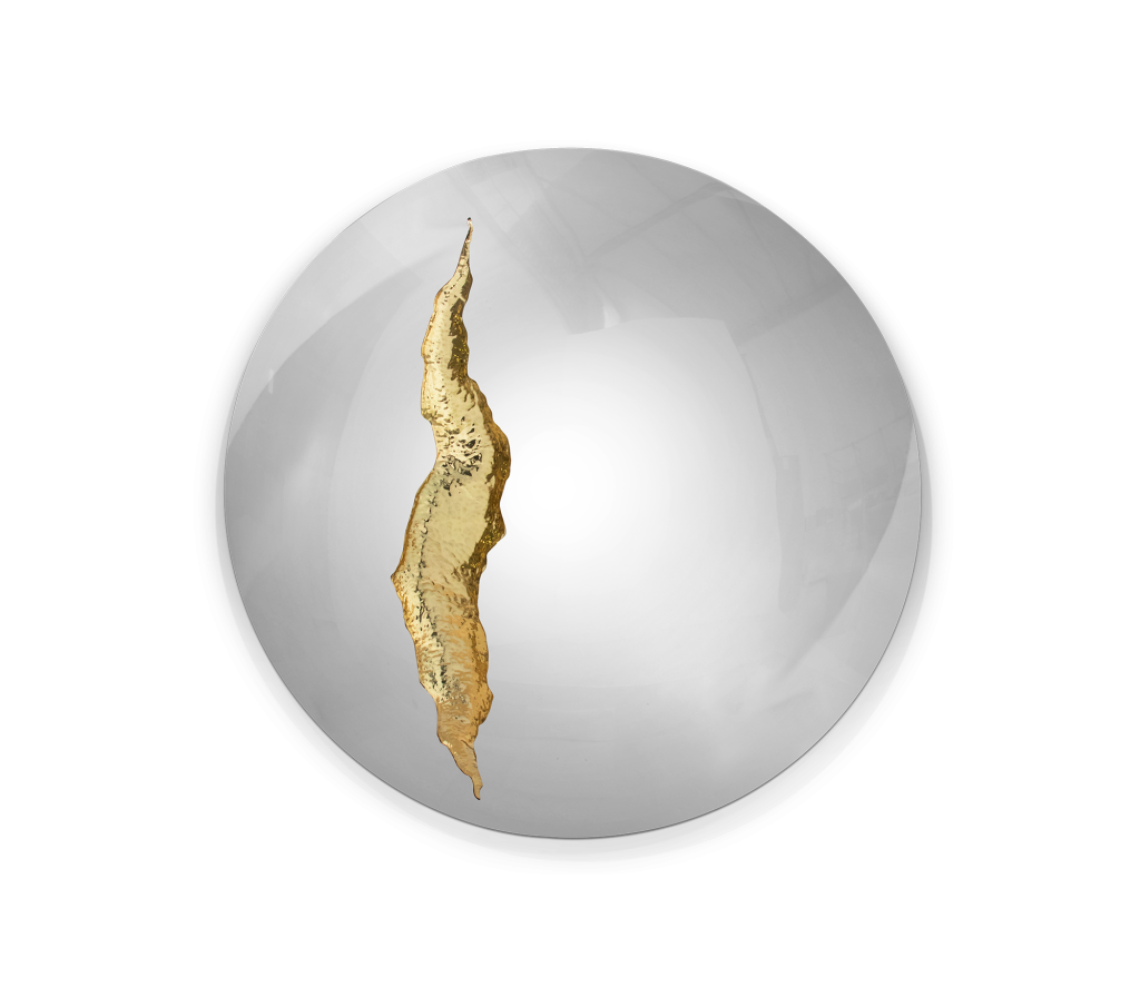 Round convex mirror with an irregular gold sculptural detail crossing the reflective surface, on white background-luxury mirrors.