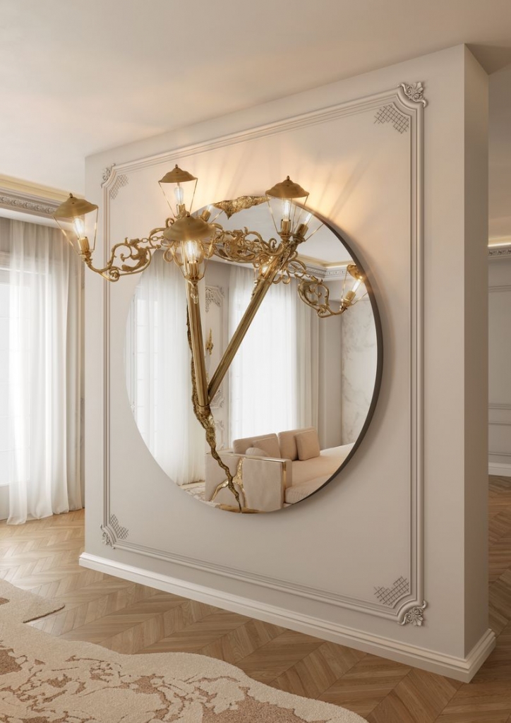 Round mirror set into a white wall panel, decorated with a golden street lamp post sculpture with multiple lanterns-luxury mirrors.