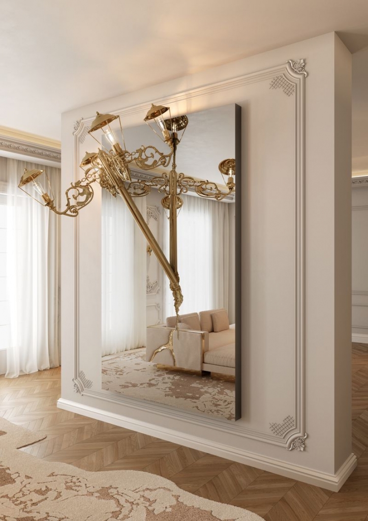 Rectangular mirror set into a wall panel, decorated with a golden street lamp sculpture with lanterns-luxury mirrors.