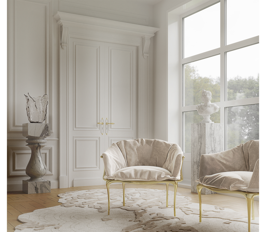 Two beige velvet Nº11 armchairs with polished brass frames styled in a bright luxury living room with elegant wall paneling, luxury armchair.