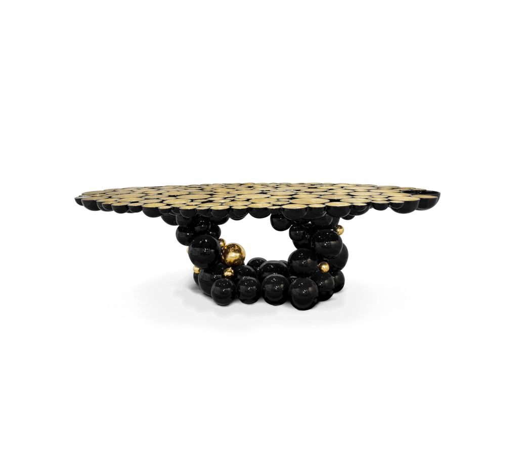 Newton Black Gold Dining Table by Boca do Lobo with handcrafted black lacquered spheres and polished gold details – modern dining tables.
