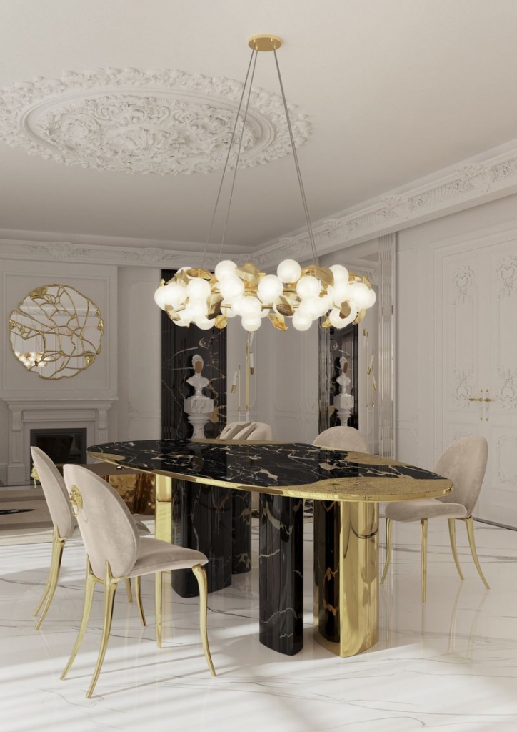 Luxury dining room showcasing the Ophelia Nero Marquina & Gold Dining Table by Boca do Lobo with black marble, gold accents, and elegant contemporary décor – modern dining tables