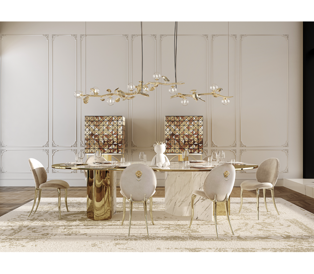 Formal dining room with a marble table and two gold mosaic-paneled cabinets beneath a branch-style chandelier, luxury design.