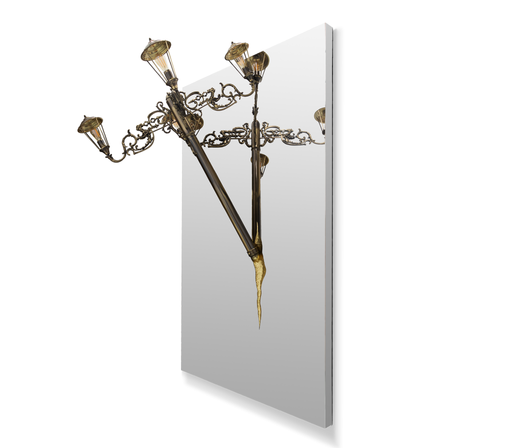Slim rectangular mirror with golden lamppost sculpture and dripping molten detail in relief, on white background-luxury mirrors.