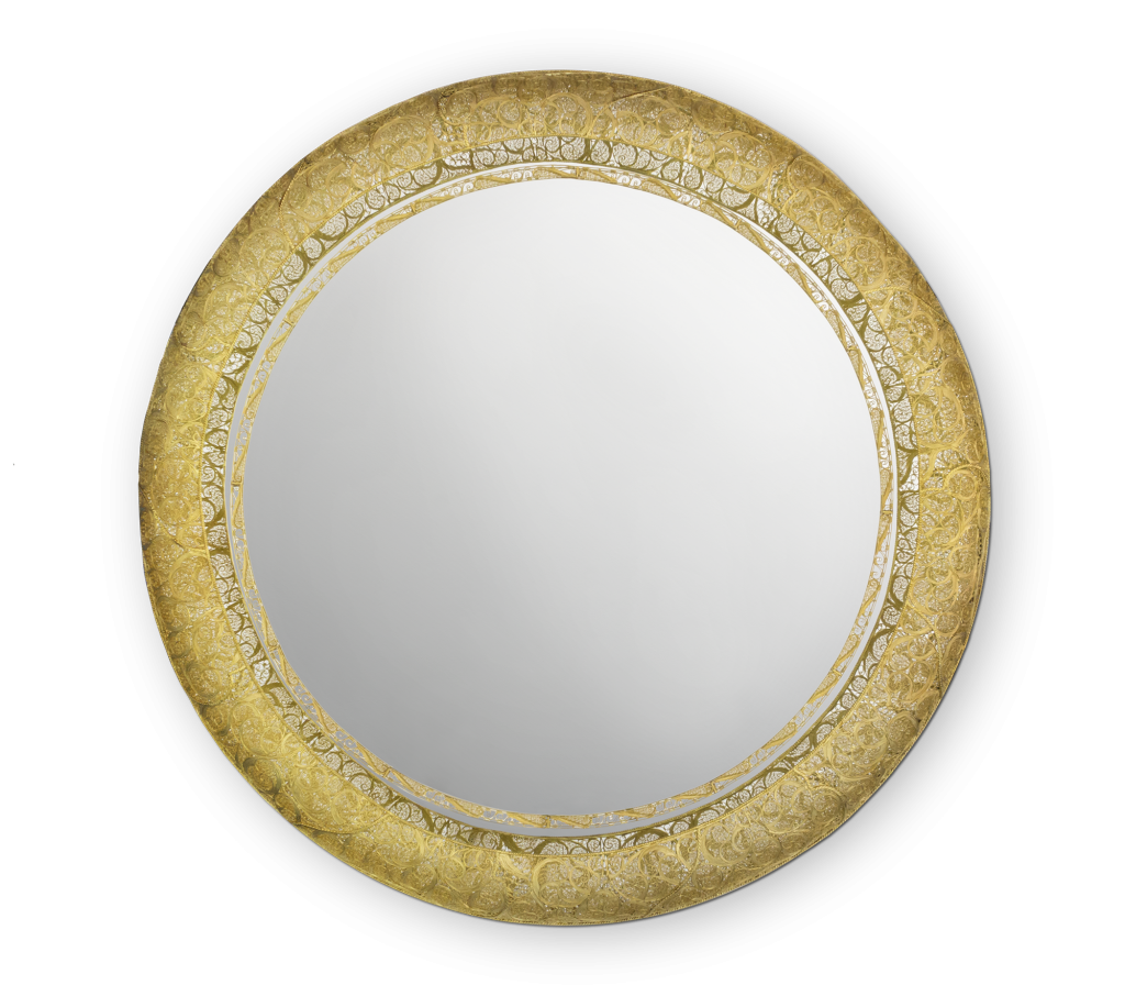 Circular mirror with double interlaced gold filigree frame, on white background-luxury mirrors.