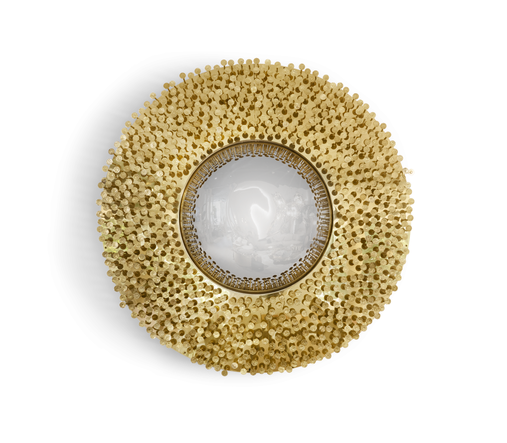 Circular mirror with frame composed of multiple irregular embossed gold discs, on white background-luxury mirrors.