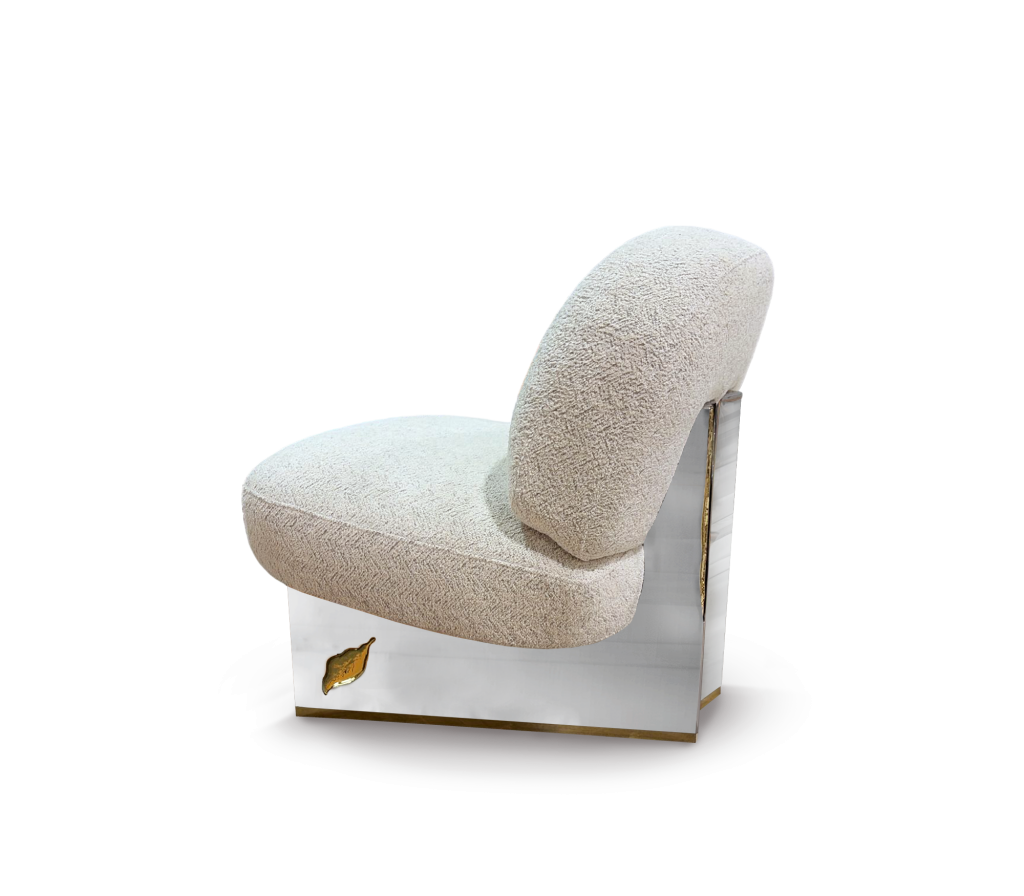 Cream bouclé accent chair with an arched high back and mirrored panel legs featuring a gold organic inlay accent-luxury armcahir