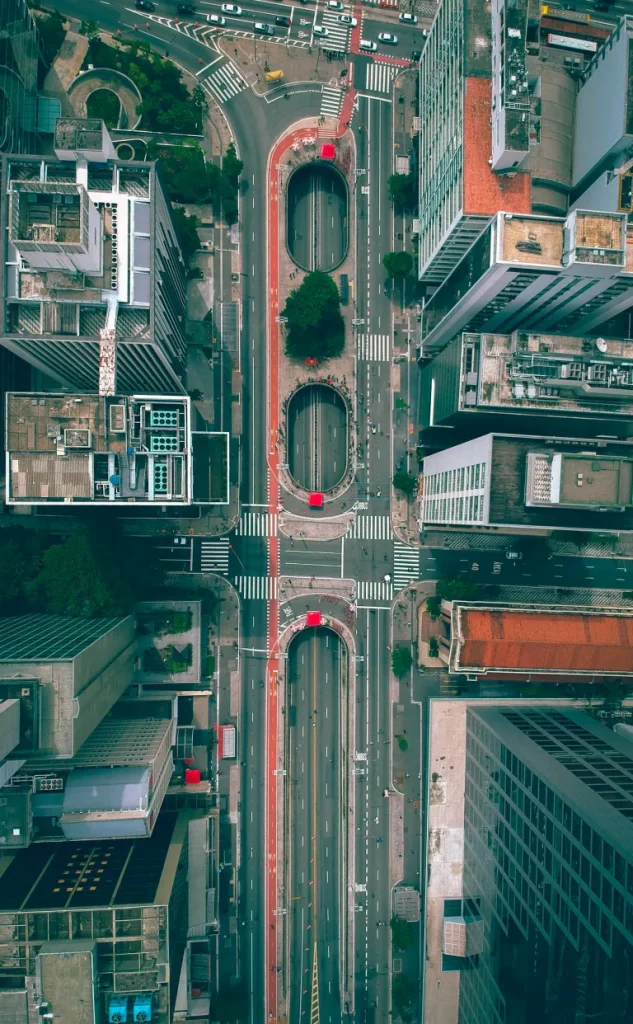 Aerial view of Avenida Paulista intersection in São Paulo with crosswalks and traffic -the best places to live in brazil