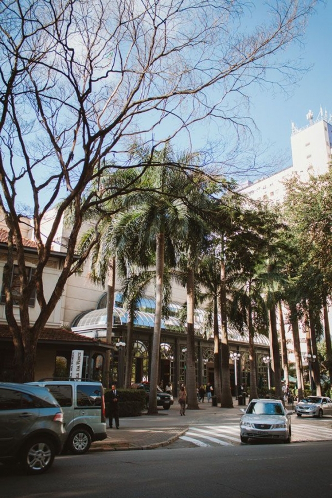 Hotel entrance with palm trees and bare trees along the sidewalk, parked cars and pedestrians passing by -top places to live in São Paulo