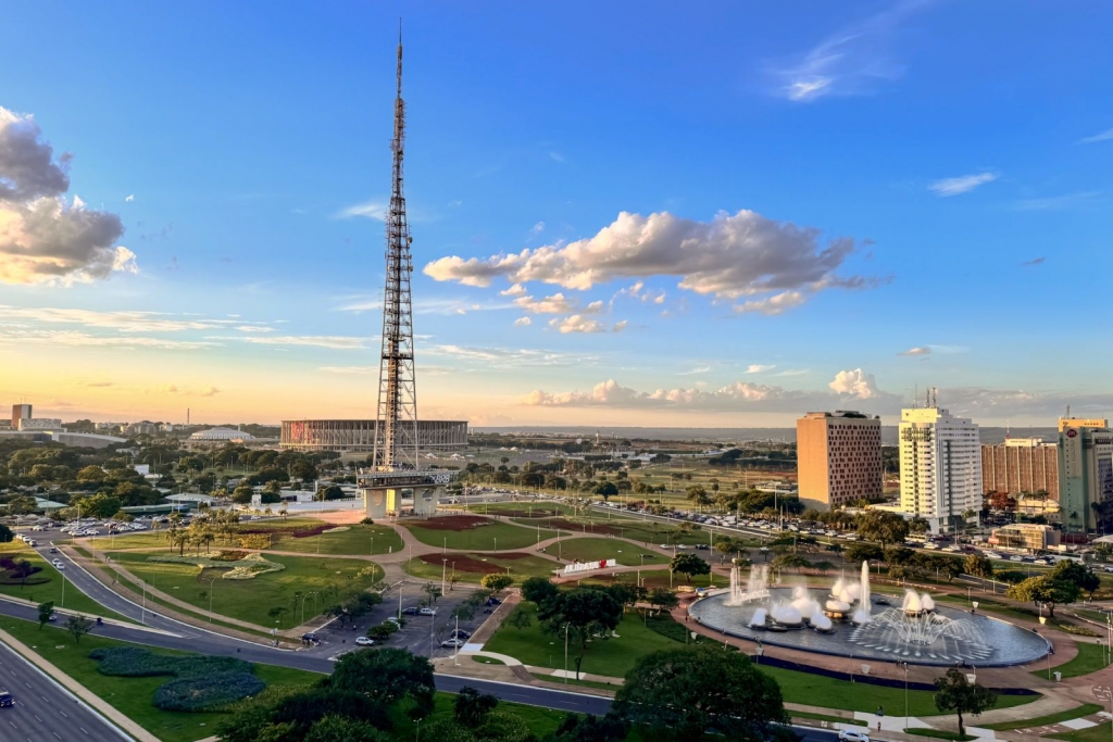 TV tower, fountain and Mané Garrincha Stadium in Brasília under a blue sky -the best places to live in brazil
