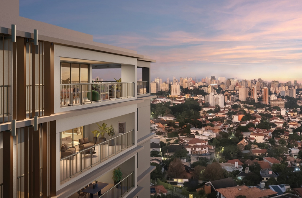 Balconies of a modern residential building at dusk, overlooking rooftops and the city skyline -top places to live in São Paulo