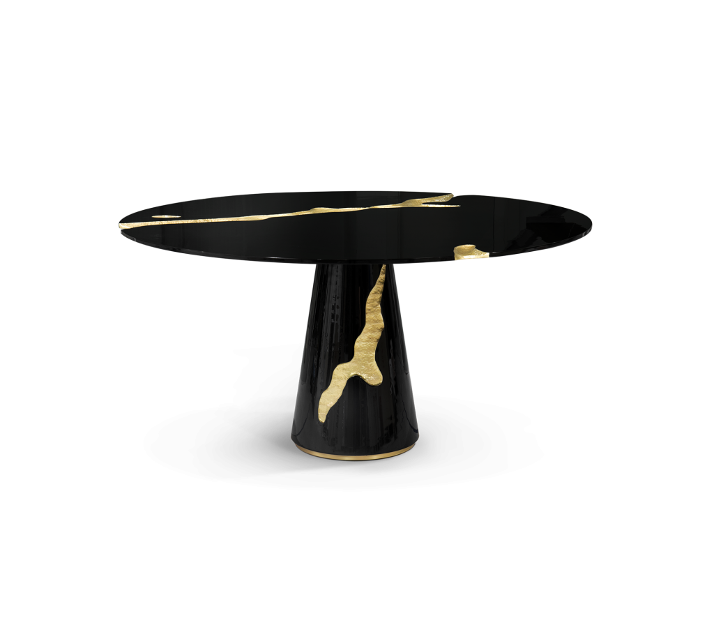 Round black lacquer table with gold lightning-crack inlay pedestal, studio shot -luxury dining table