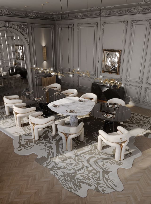 White marble-top table surrounded by curved cream velvet chairs in a mirrored dining room -luxury dining table