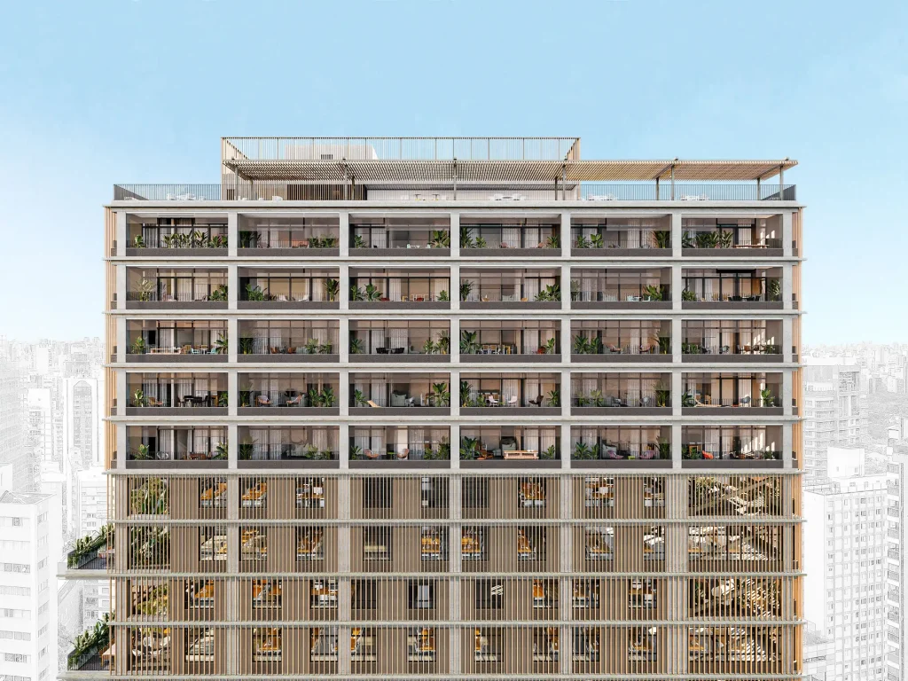 Facade of a residential building with plant-filled balconies and outdoor furniture, set against a sketched skyline -top places to live in São Paulo