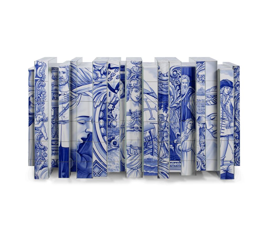 Sculptural stacked book-like decor piece featuring hand-painted blue and white azulejo tile designs - christian Louboutin villas