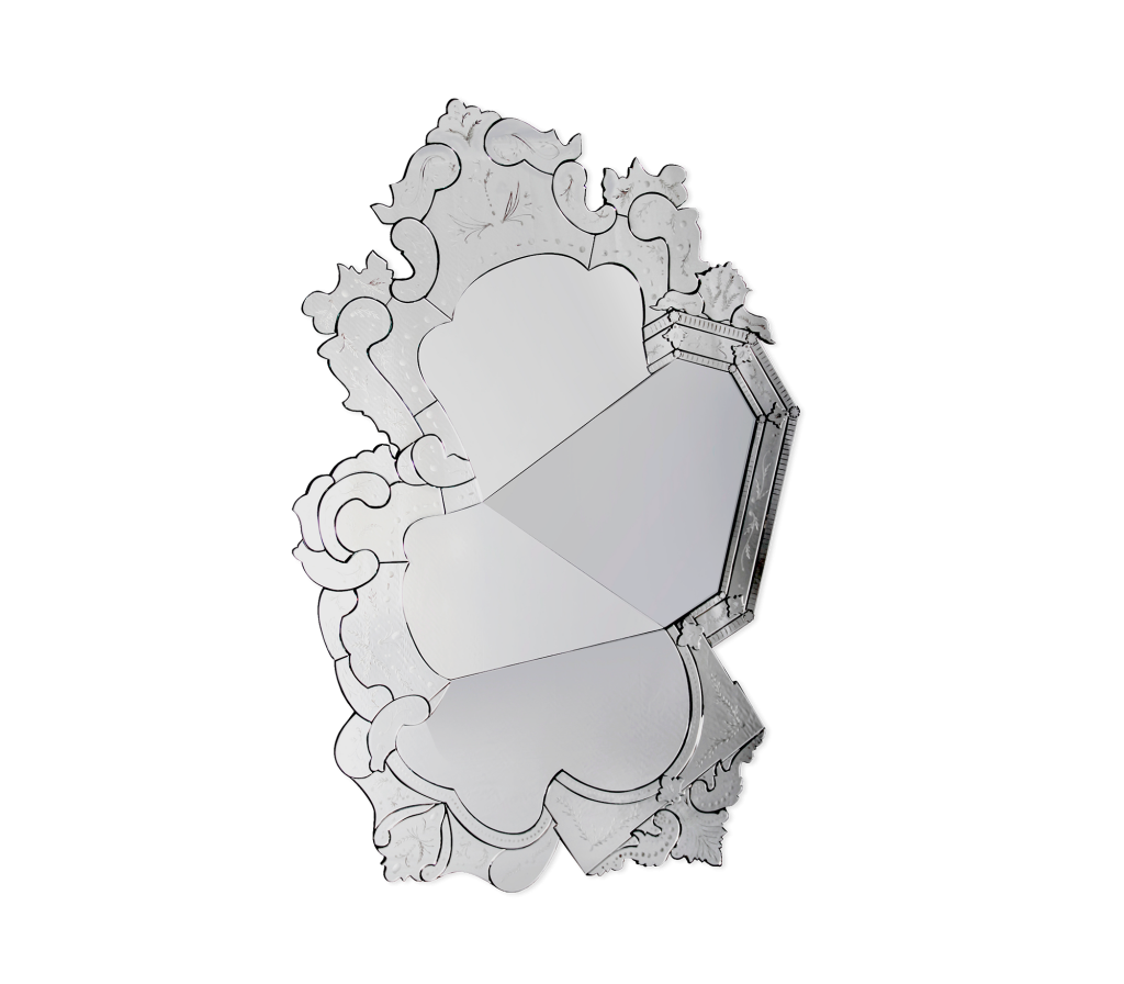 Ornate Venetian-style wall mirror with scrolled, etched glass frame on a white background -Venice simplon-orient-express