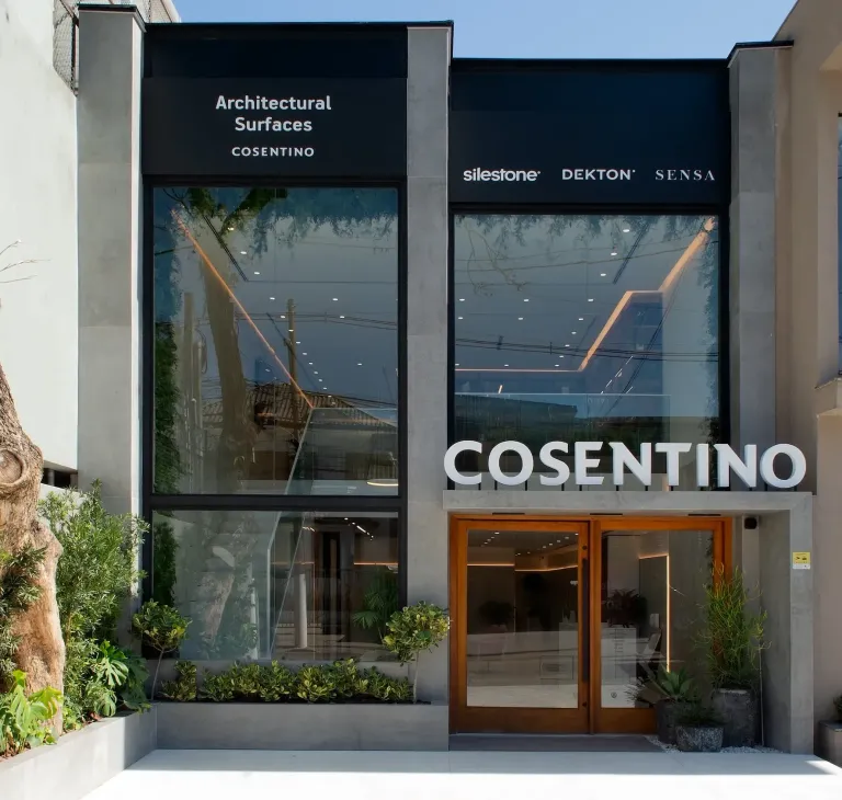 Cosentino Architectural Surfaces storefront facade featuring Silestone, Dekton, and Sensa branding -top showrooms in São Paulo