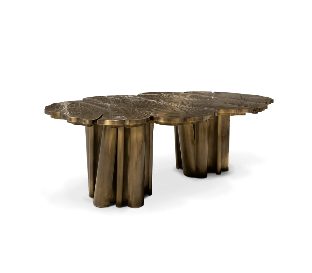 Round bronze table with tree-ring engraved top and fluted cylindrical column base -luxury dining table
