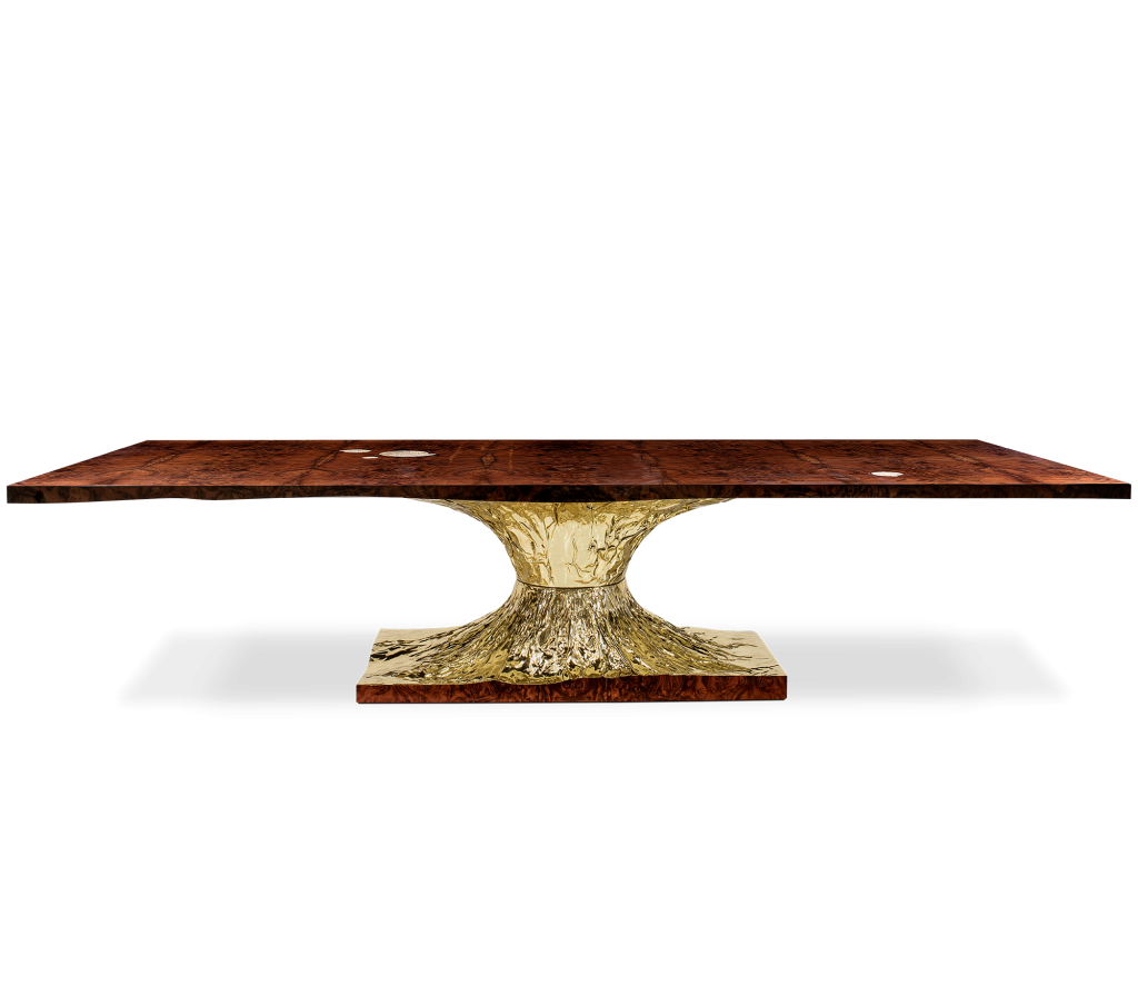 Rectangular burgundy stone table with textured gold hourglass pedestal base, studio shot -luxury dining table