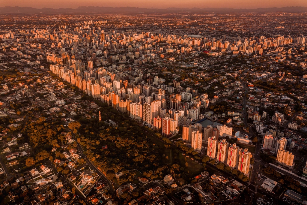 Aerial view of the Botanical Garden greenhouse and formal gardens in Curitiba -the best places to live in brazil