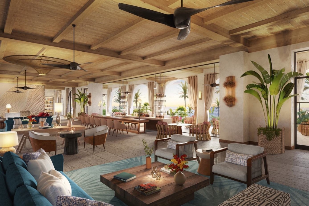 Open-air resort lobby lounge overlooking the ocean at Four Seasons Los Cabos