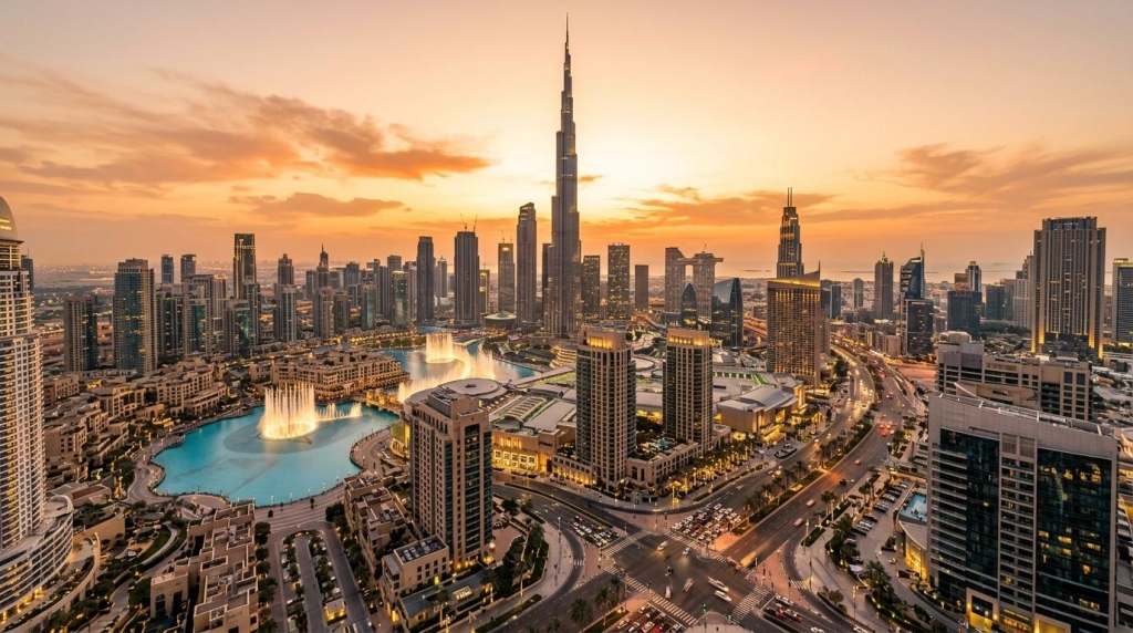 Burj Khalifa skyline and fountains at sunset in Dubai -best places to live