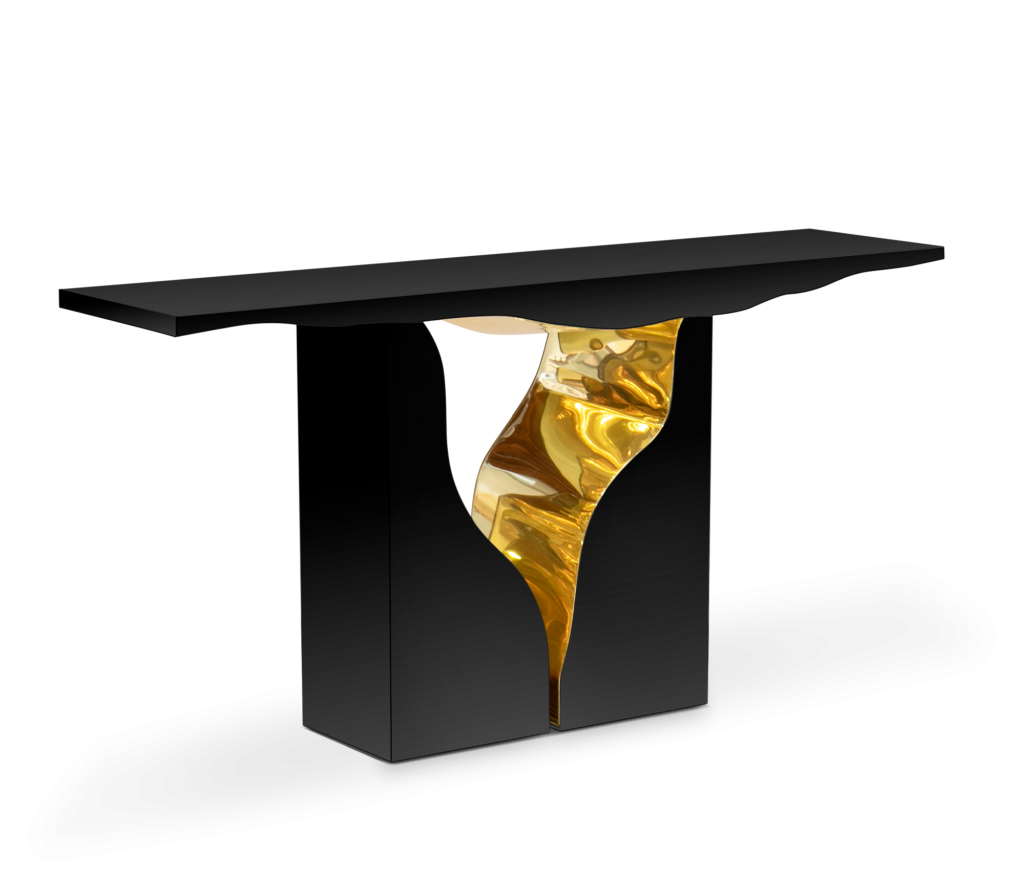 Black lacquered console table with a sculptural gold wave-shaped support -top showrooms in São Paulo