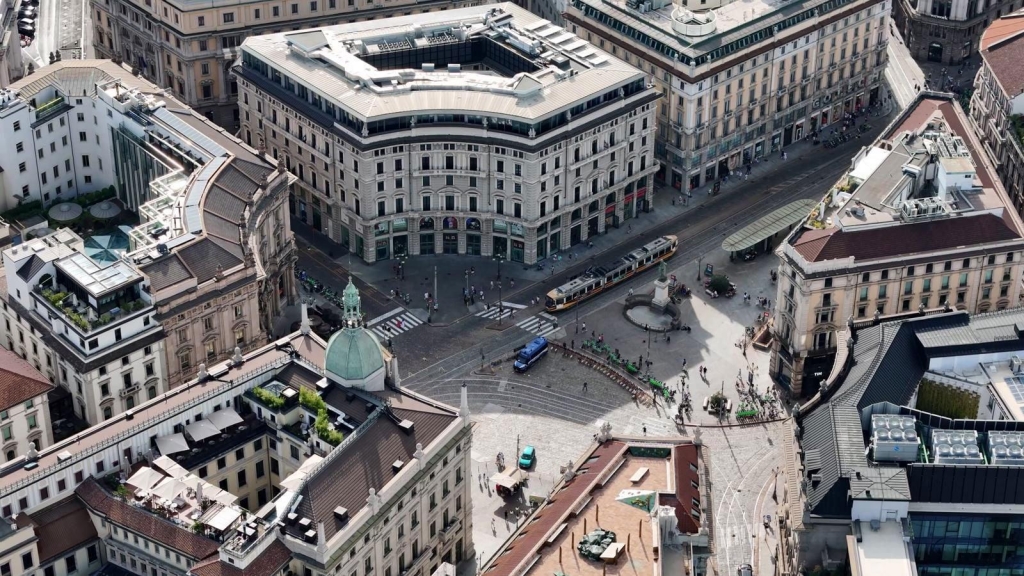 Aerial view of historic buildings and piazza in downtown Milan -best places to live