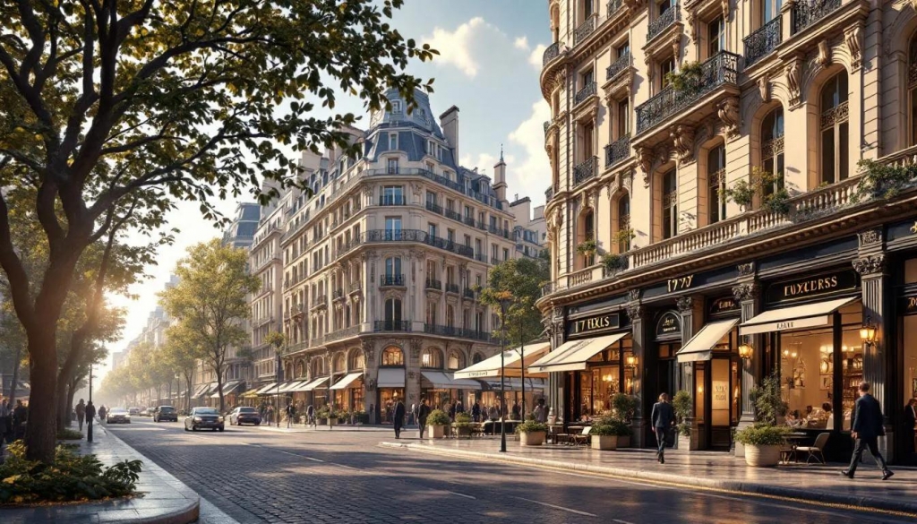 Elegant Haussmann-style buildings and boutiques on a tree-lined Paris street -best places to live