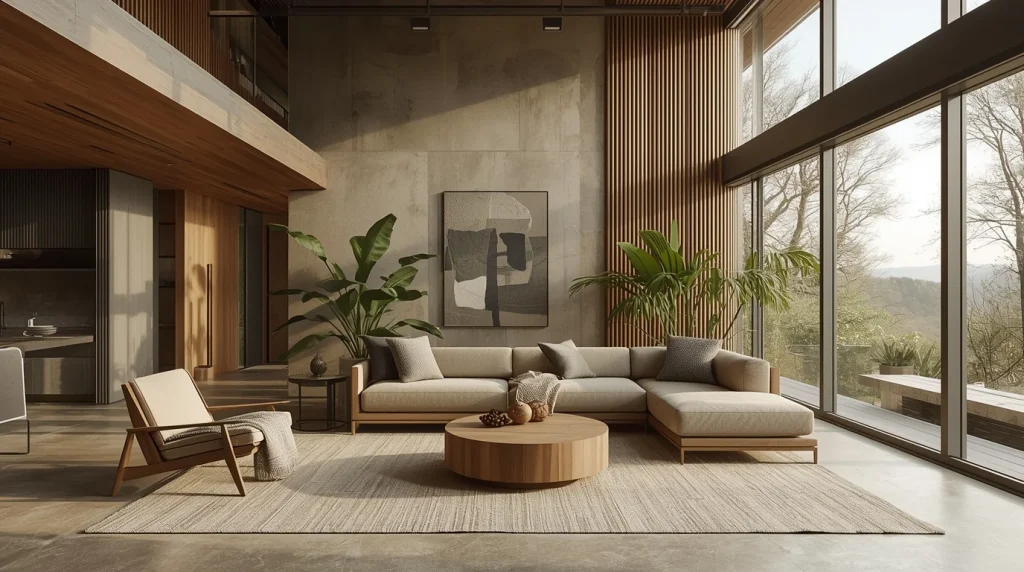 Modern nature-inspired living room with beige sectional sofa, round wooden coffee table, green plants and concrete wall with wood slat detailing - fall winter 2027 trends