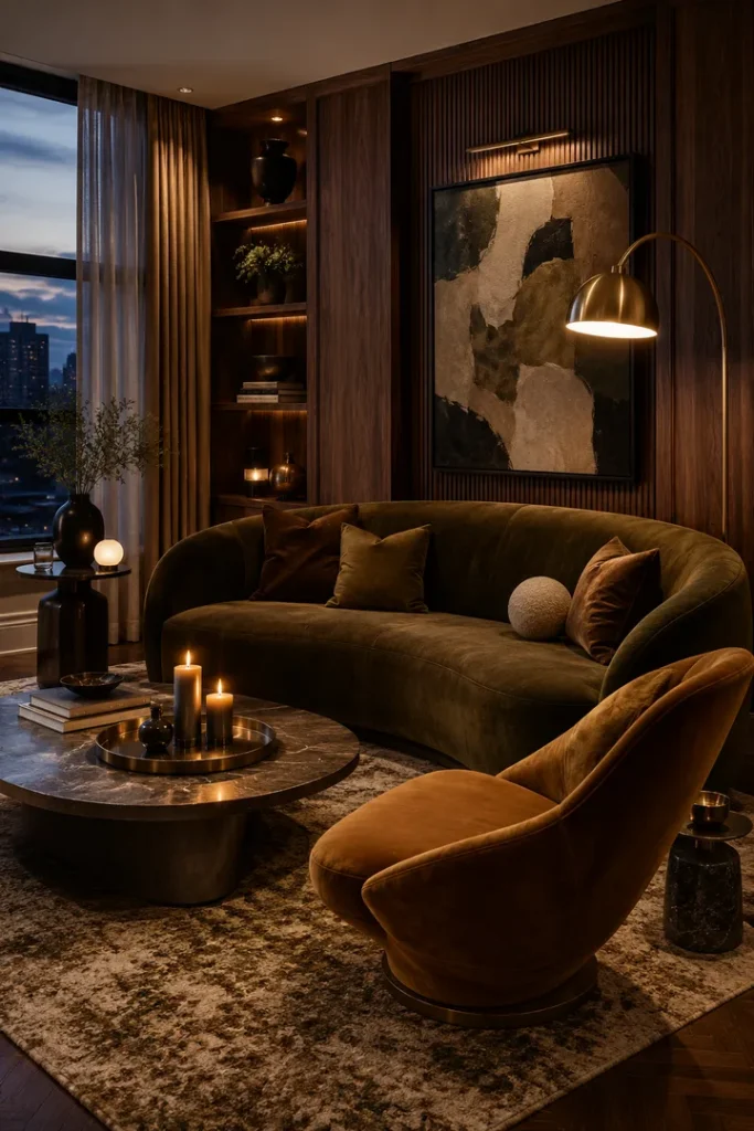 Cozy evening living room with a curved dark green velvet sofa, mustard armchair and marble coffee table with lit candles - fall winter 2027 trends