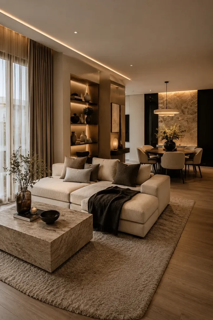 Warm neutral-toned living and dining area with beige sectional sofa, black throw blanket, ambient lighting and stone accent wall - fall winter 2027 trends