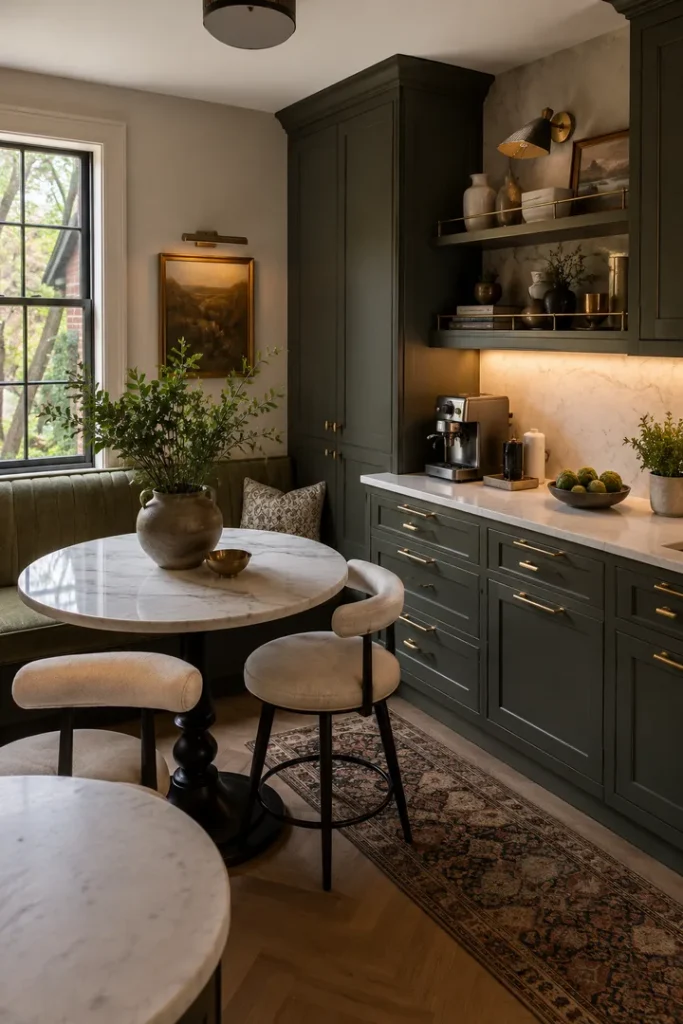 Charming breakfast nook with dark green cabinetry, marble round table, cream bar stools and a patterned rug - fall winter 2027 trends