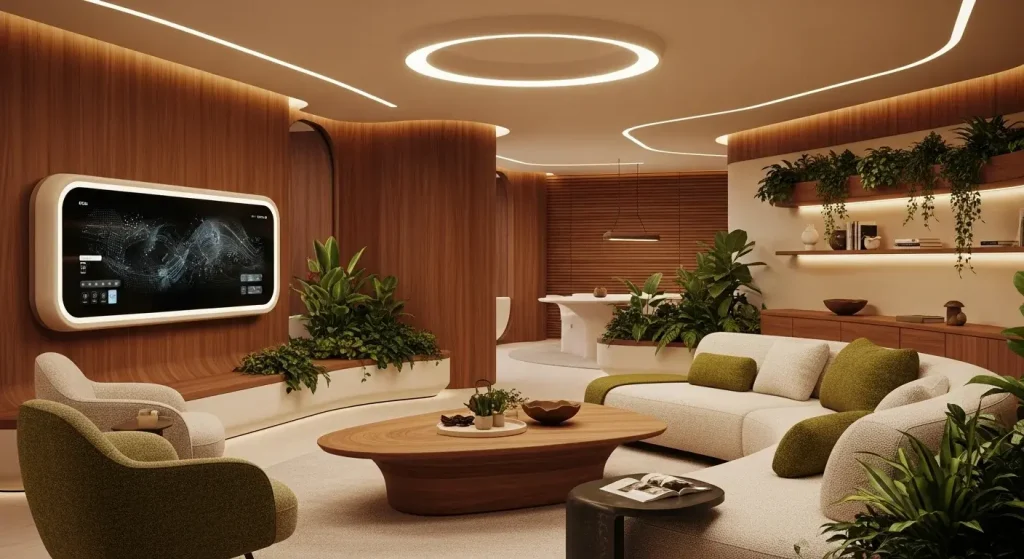 Futuristic living room with warm wood wall paneling, curved furniture, ambient LED lighting, and lush houseplants., interior designer trends 2027