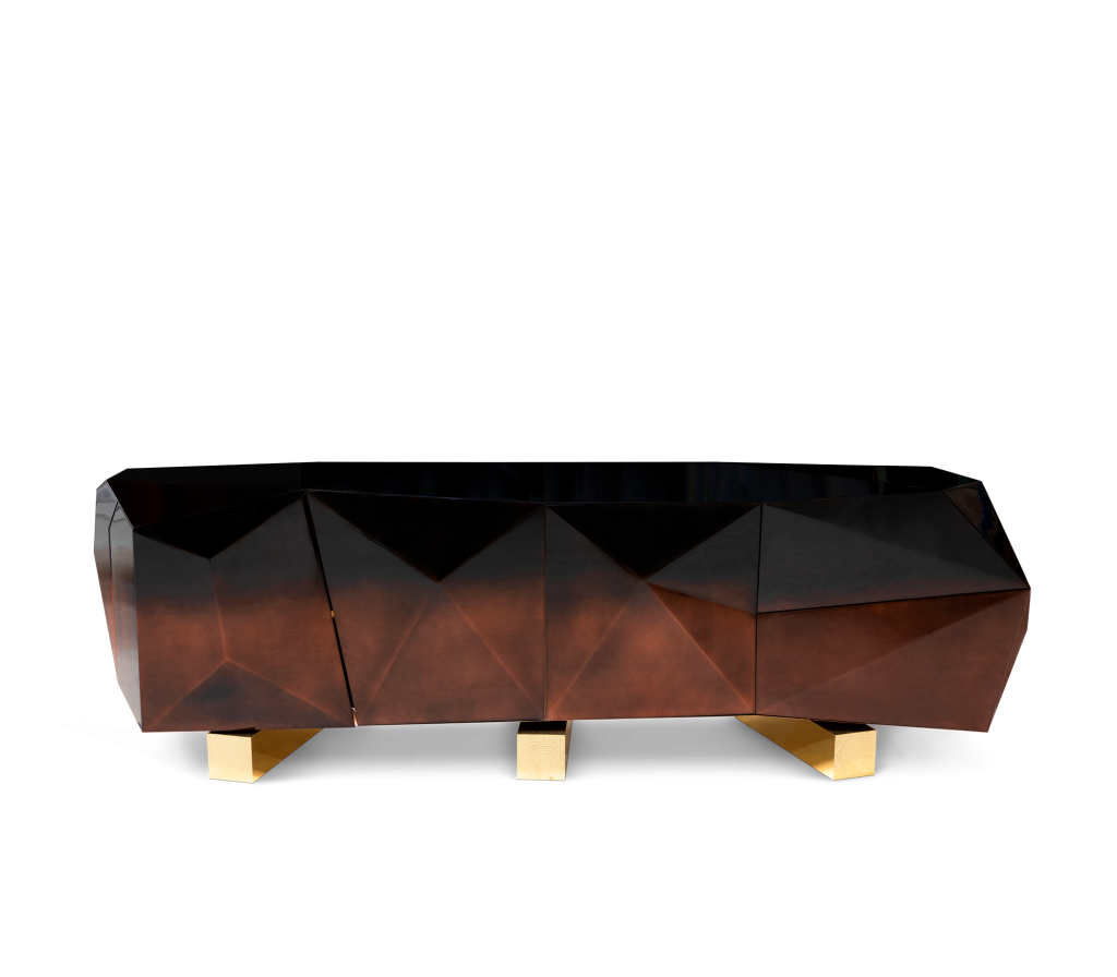 Faceted diamond-cut Diamond Chocolate XL sideboard in an ombré brown-to-black lacquer finish with gold cube legs, shot on white background – statement sideboard.