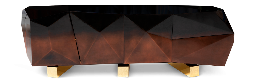 Contemporary sideboard with a dark, glossy faceted finish, supported by robust feet with gold details.