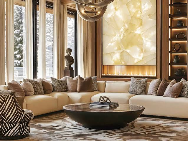 A cozy alpine-style luxury living room featuring a large cream sectional sofa, a round wooden coffee table, and a striking backlit stone fireplace at luxury furniture showrooms in Monaco.