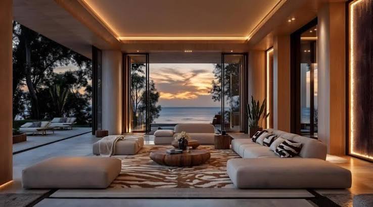 A luxurious open-plan living room with low-profile modular sofas and a wooden coffee table overlooking a serene ocean view at sunset from luxury furniture showrooms in Monaco.
