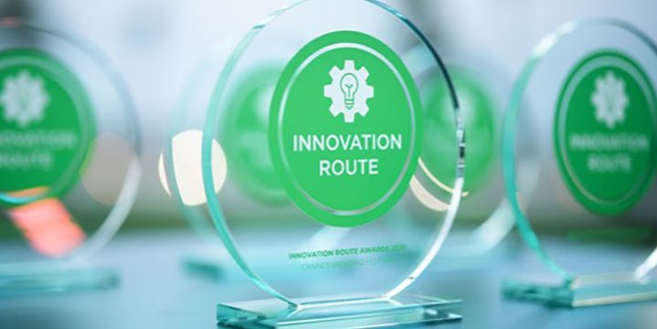 Round glass and green transparency awards highlighting the innovation route initiative at the Cannes Yachting Festival 2026.