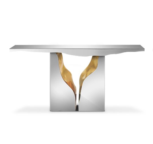Contemporary console table with mirrored top and gold sculpted central base.