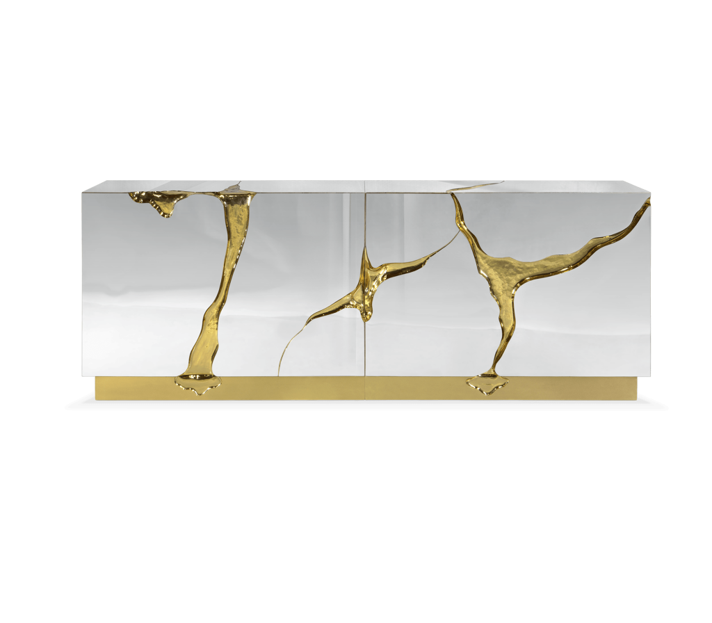 Mirror-finished Lapiaz sideboard with sculptural gold crack details and a gold base, shot on white background – statement sideboard.