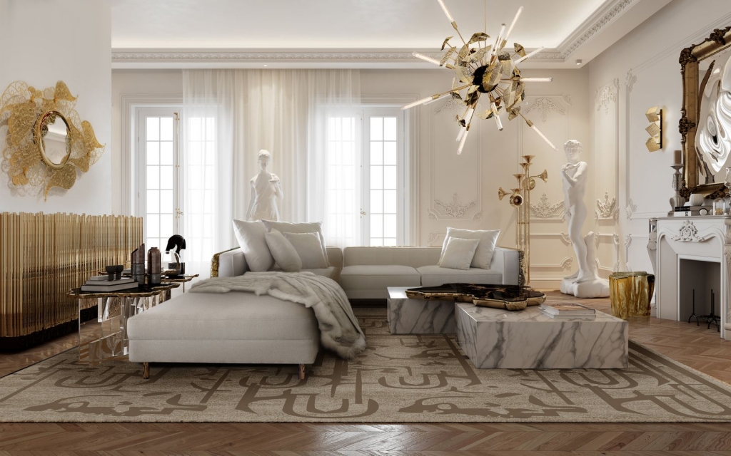 Elegant living room featuring the gold rod-textured Symphony sideboard, a sputnik-style gold chandelier, and marble sculptures – statement sideboard.