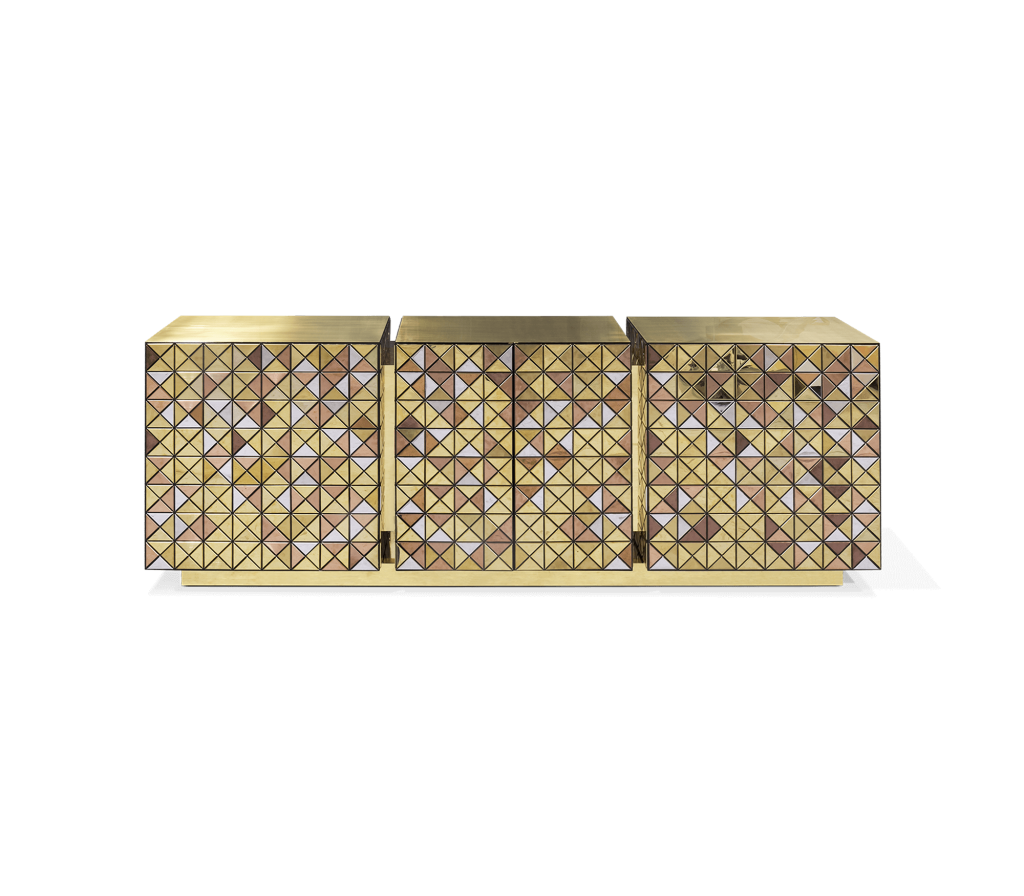 Three-cube gold faceted Pixel Anodized sideboard with mirrored triangle pattern, shot on white background – statement sideboard.