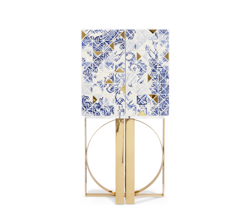 Blue and white azulejo tile Pixel Heritage cabinet with gold triangle inlays on a gold ring base, shot on white background – statement sideboard.