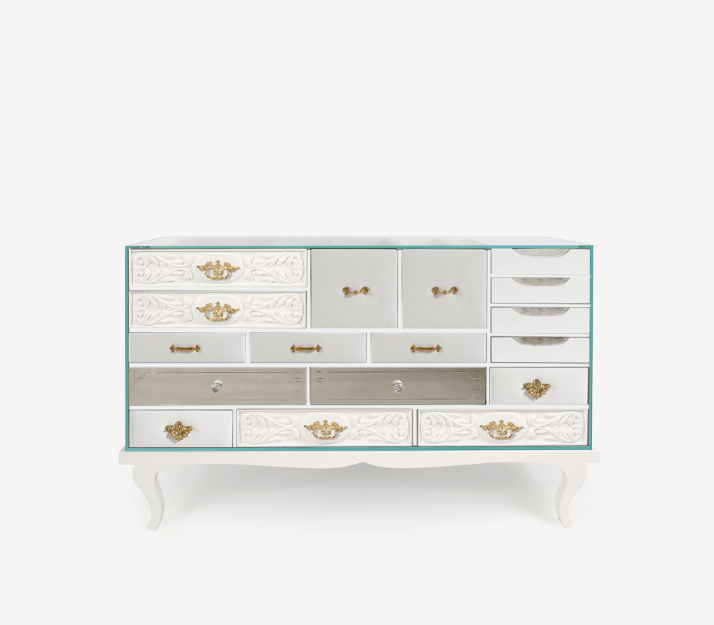 White Soho sideboard with eclectic mixed drawer designs and ornate gold pulls, shot on white background – statement sideboard.